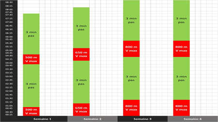 Exemple d’un cycle spécifique sur 4 semaines avec un galop hebdomadaire soutenu : 2 x 500 à 800 m à V max puis 3 min de pas.